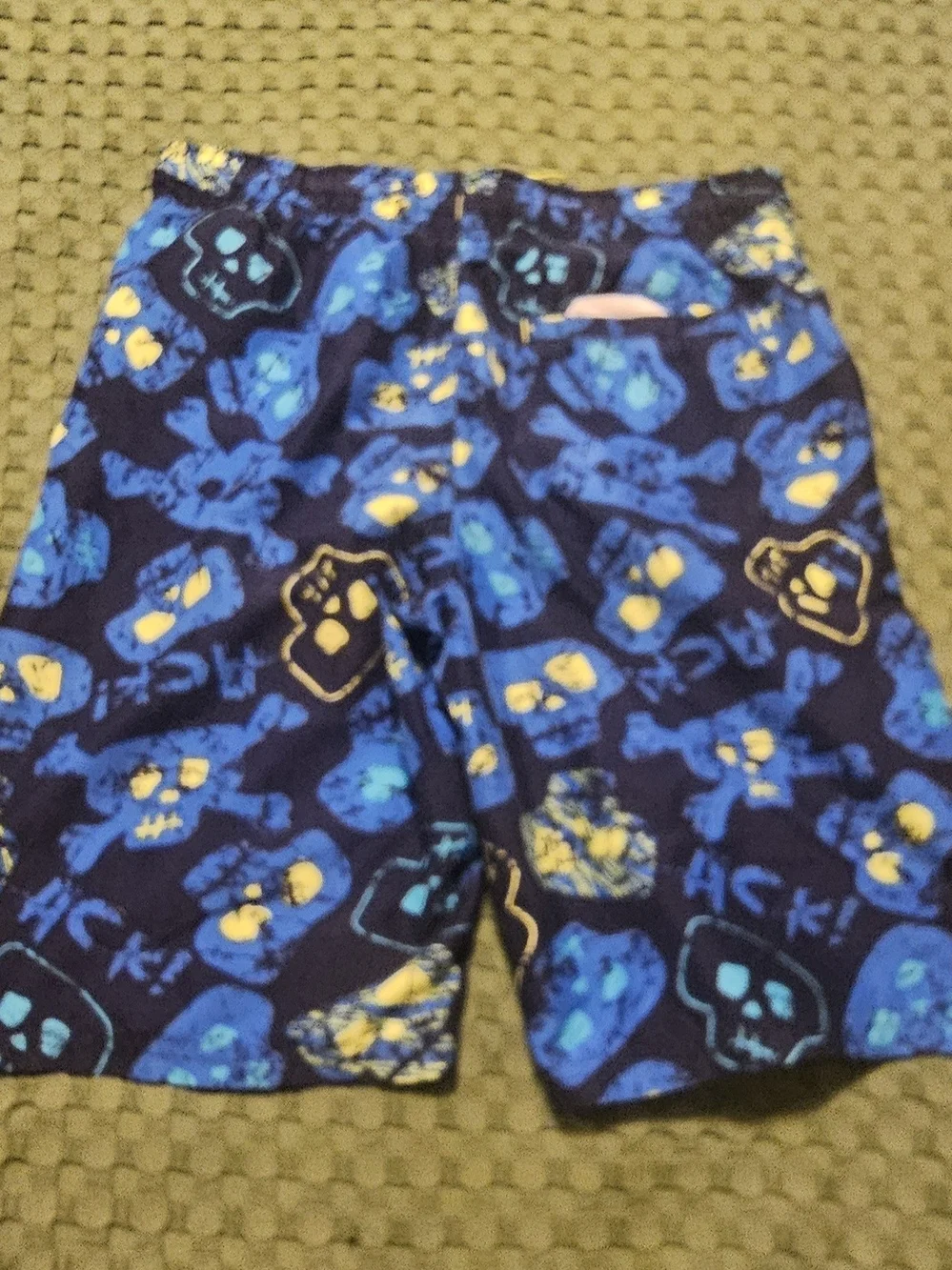 Bugle Boy Navy Blue Swim Trunks with Bright Blue and Yellow Skull Print